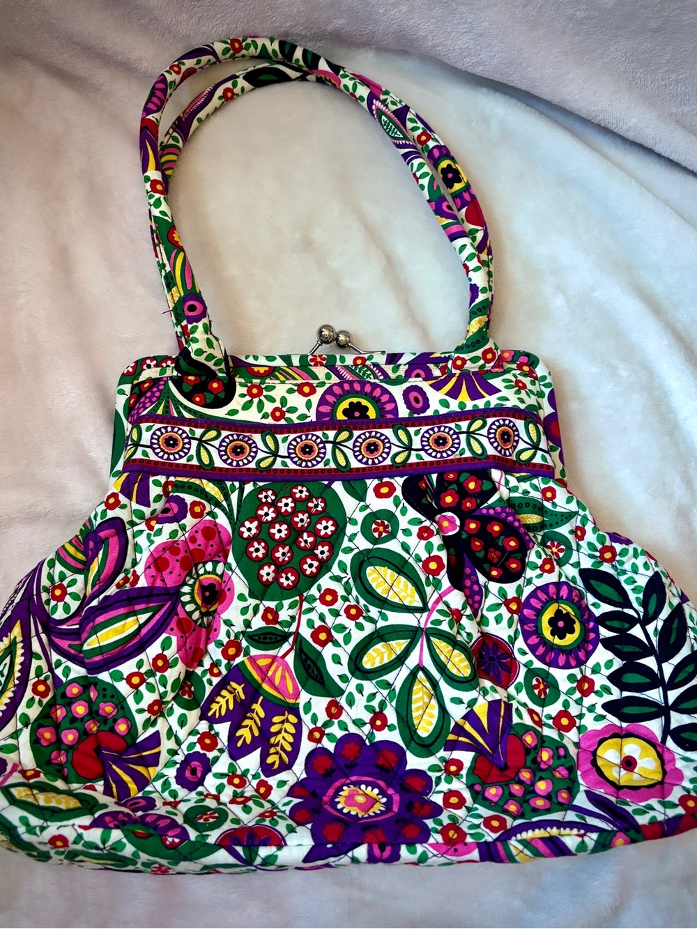 Vera Bradley Retired Kiss Lock Frame Satchel Purse Floral Quilted Cotton Handbag